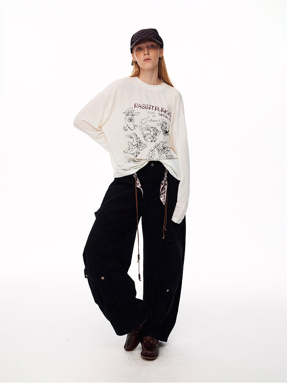MADWITCH LOOSE RABBIT-PRINT LYOCELL LONG-SLEEVE T-SHIRT #N2191