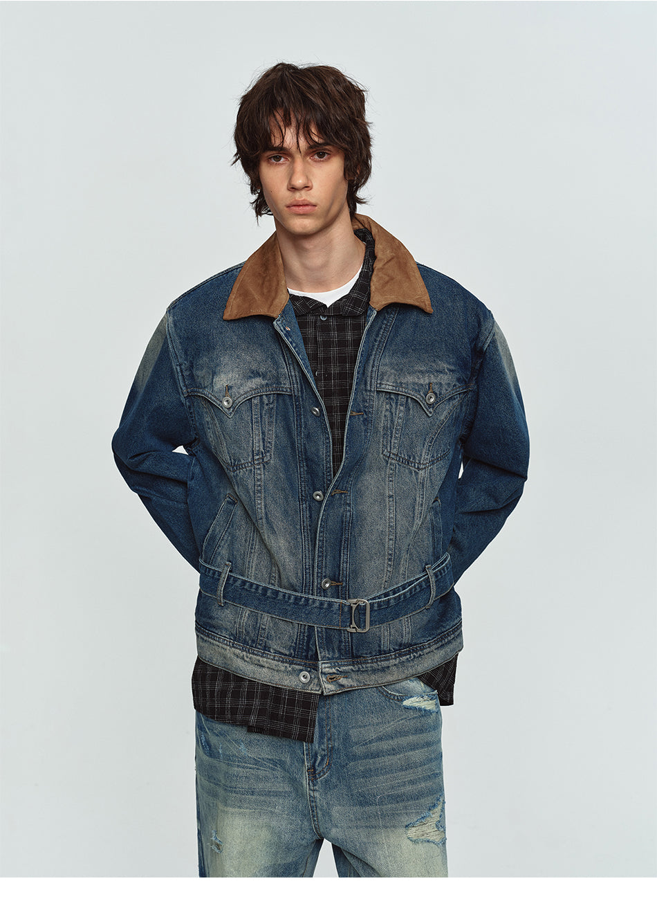 MADWITCH CONTRAST-COLLAR WASHED DISTRESSED DENIM JACKET #Z1650