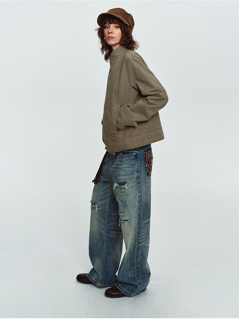 MADWITCH LEOPARD-POCKET DISTRESSED WIDE-LEG JEANS #G60073