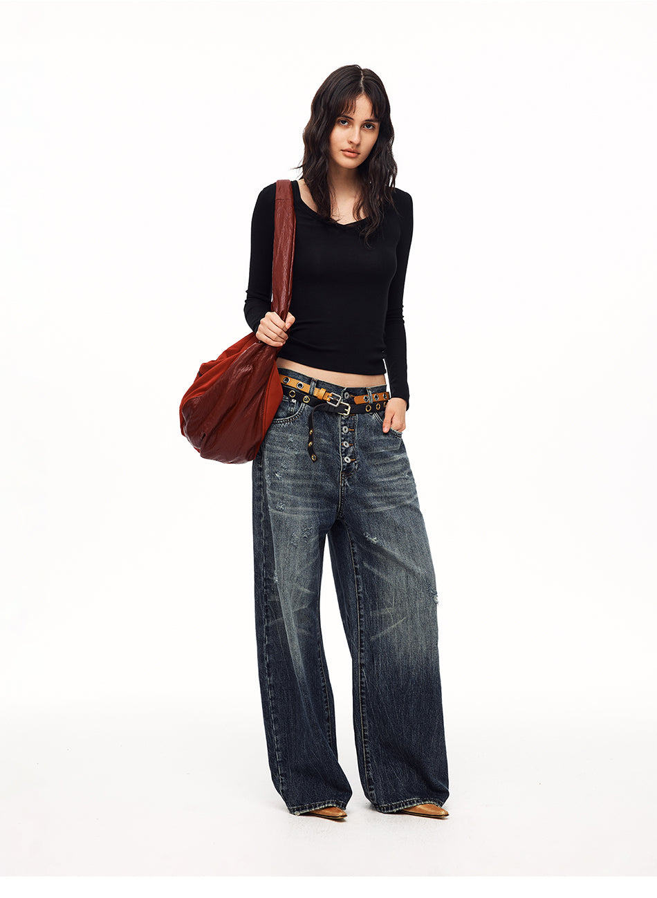 MADWITCH UNISEX MULTI-BUTTON WASHED WIDE-LEG JEANS #GPC9838