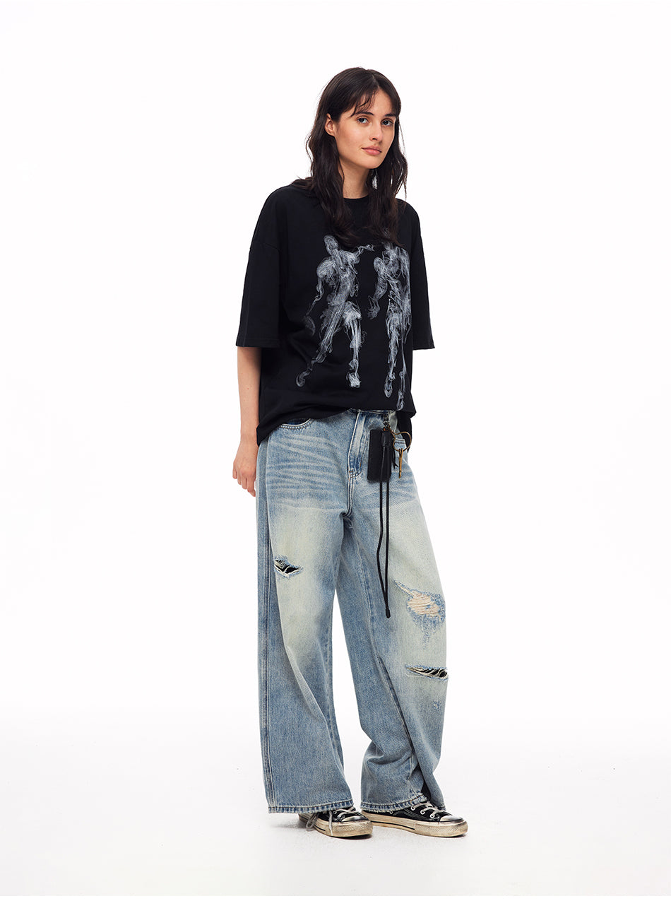 MADWITCH DISTRESSED BUCKLE-BACK WIDE-LEG JEANS #CK9839