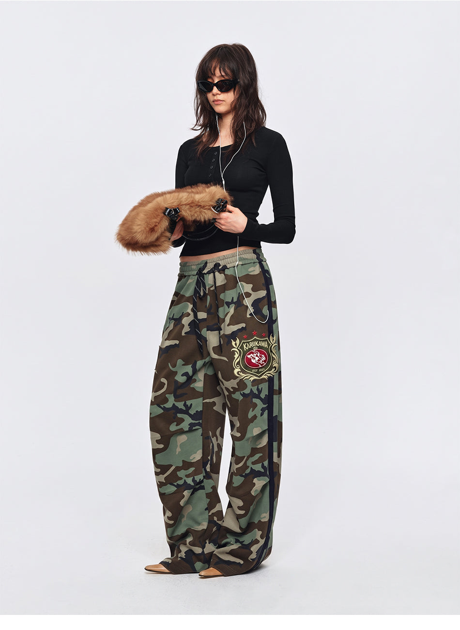 MADWITCH EMBROIDERED SIDE-STRIPE CAMO WIDE-LEG PANTS #CK61091