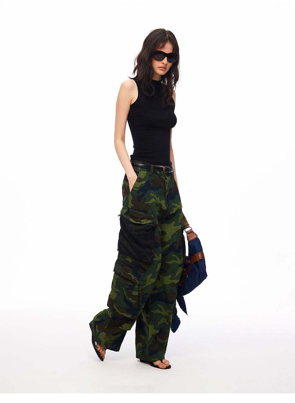 MADWITCH CAMO MESH-PANEL CARGO WIDE-LEG PANTS #CK61072