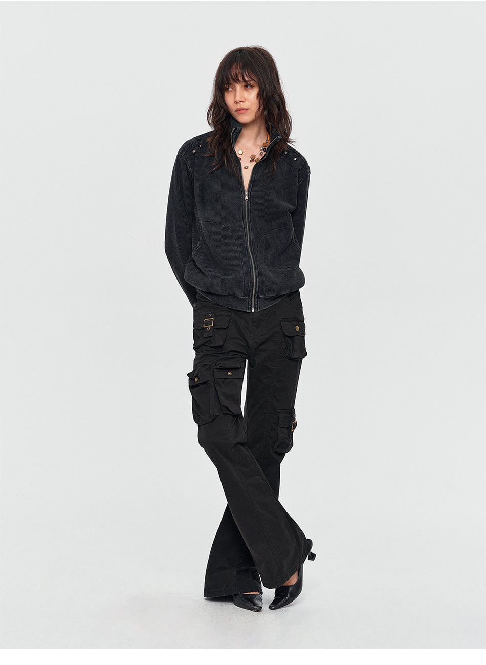 MADWITCH STUDDED WASHED-TEXTURE STAND-COLLAR CROPPED JACKET #2606WT5098