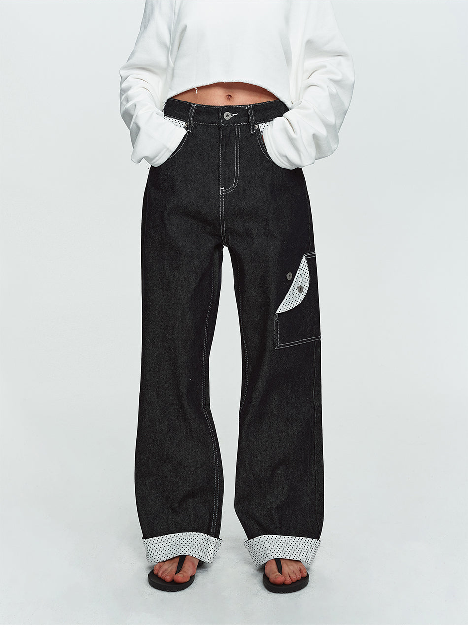 MADWITCH POLKA-DOT PATCHWORK CUFFED WIDE-LEG JEANS #G60107
