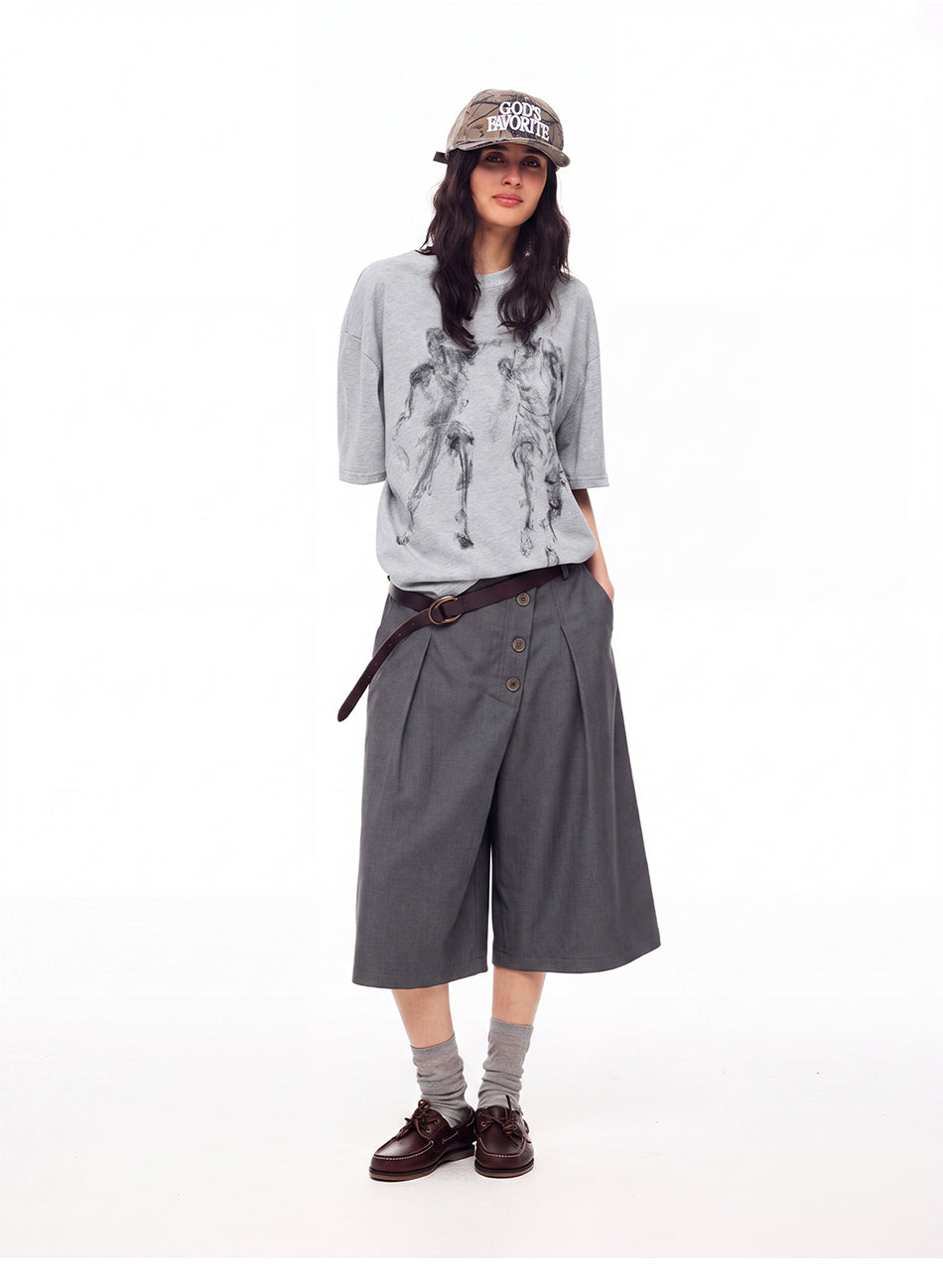 MADWITCH ASYMMETRIC BUTTONED WIDE-LEG CAPRI PANTS #C1012