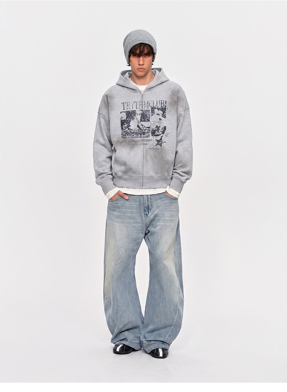 MADWITCH RECORD-PRINT WASHED ZIP HOODIE #27560