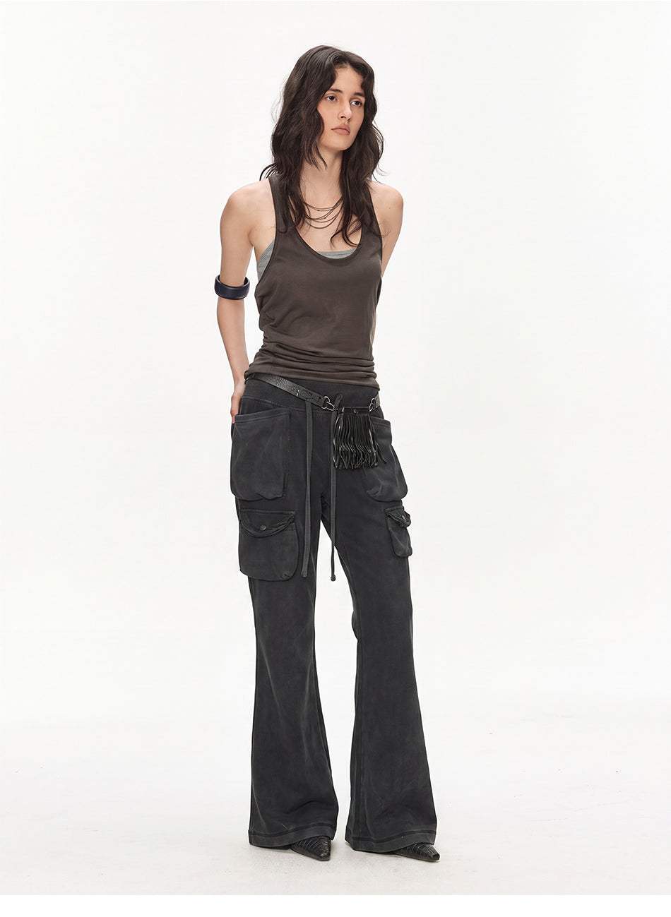MADWITCH WASHED DISTRESSED MULTI-POCKET FLARE SWEATPANTS #CN61065