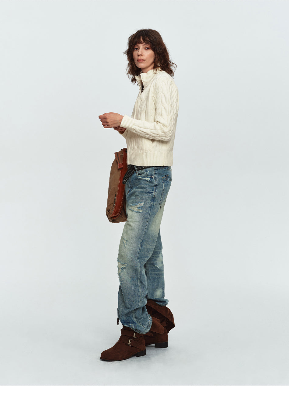 MADWITCH CABLE-KNIT STAND-COLLAR CARDIGAN SWEATER #L2026709