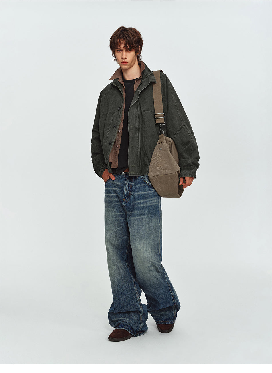 MADWITCH WASHED STAND-COLLAR RIBBED-HEM JACKET #AW26608