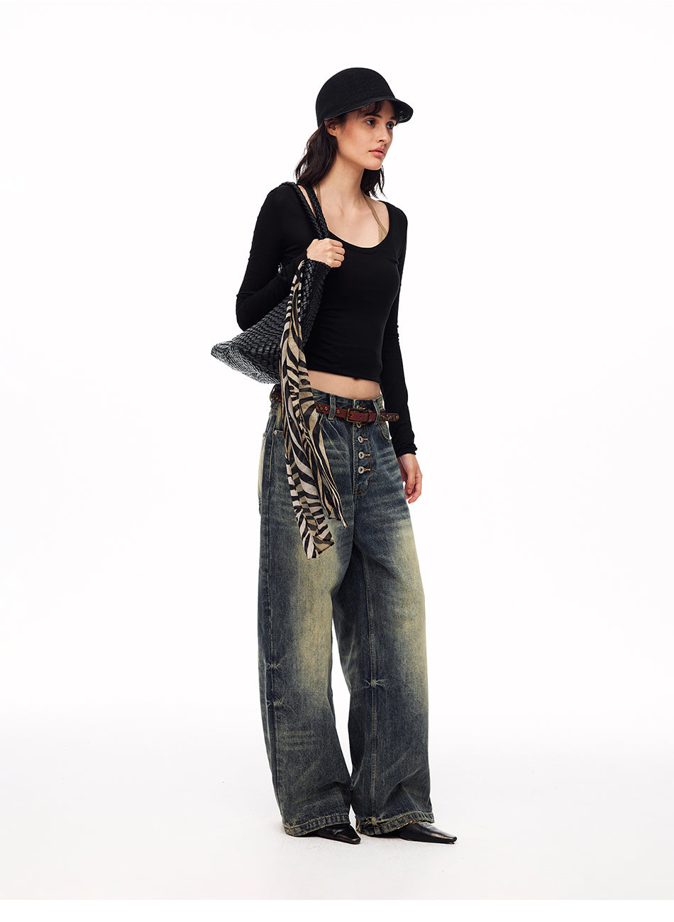 MADWITCH BUTTON-FLY DISTRESSED WIDE-LEG JEANS #DR8218