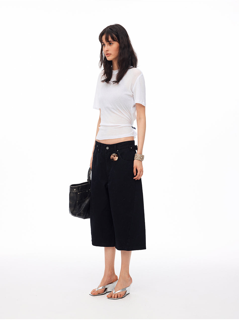 MADWITCH WASHED DISTRESSED ADJUSTABLE CAPRI PANTS #GPC9850D