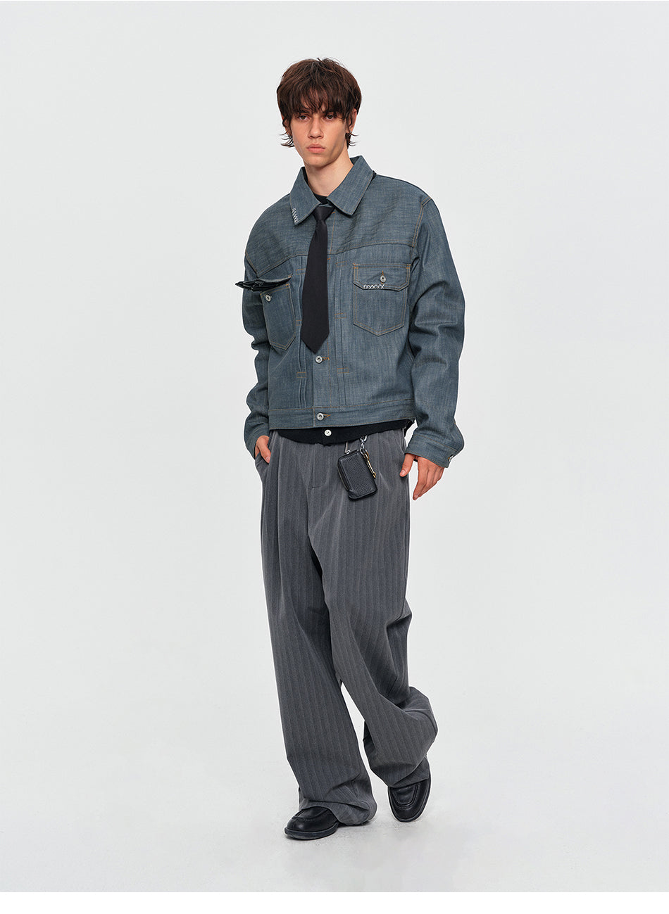 MADWITCH CONTRAST-STITCH DUAL-POCKET CROPPED DENIM JACKET #2605WT3009