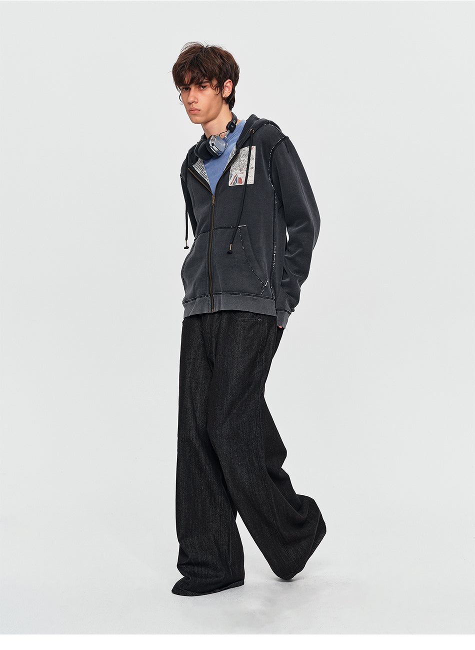 MADWITCH WASHED GRAPHIC-PATCH CROPPED ZIP HOODIE #2606WT5096