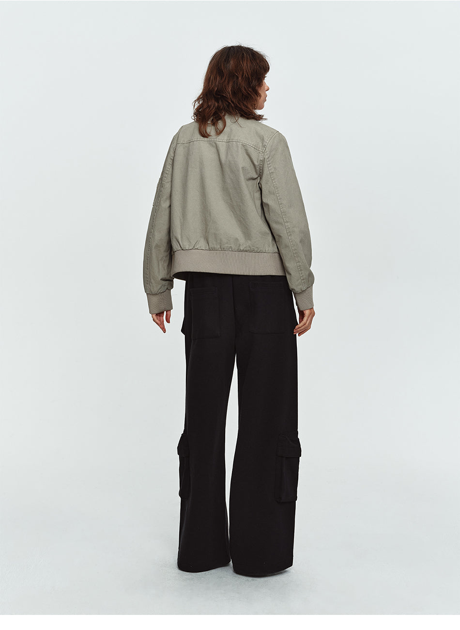 MADWITCH BUCKLED-COLLAR MULTI-POCKET WASHED CROPPED JACKET #N607