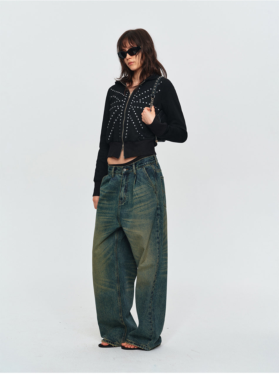 MADWITCH DOUBLE-PLEATED WASHED WIDE-LEG JEANS #CK9853
