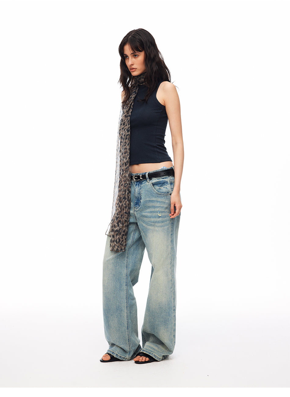 MADWITCH VINTAGE WASHED DISTRESSED WIDE-LEG JEANS #CN9835