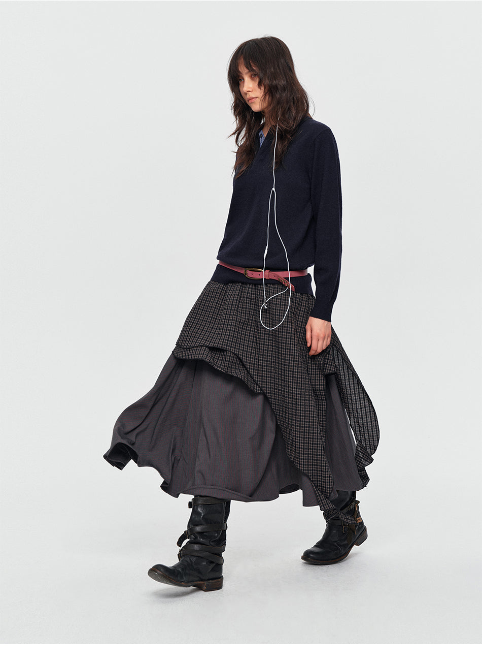 MADWITCH ASYMMETRIC LAYERED PLAID FLARE MIDI SKIRT #K102