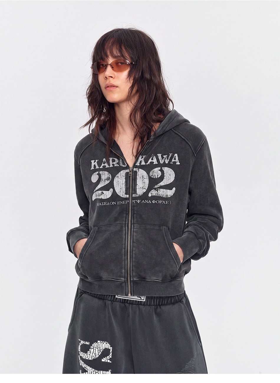 MADWITCH CRACKED-PRINT WASHED ZIP HOODIE #CW1375N