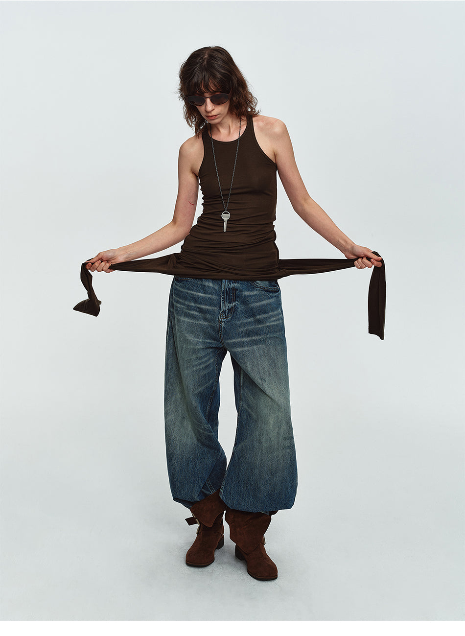 MADWITCH DOUBLE-BUTTON WASHED WIDE-LEG JEANS #GPC9857