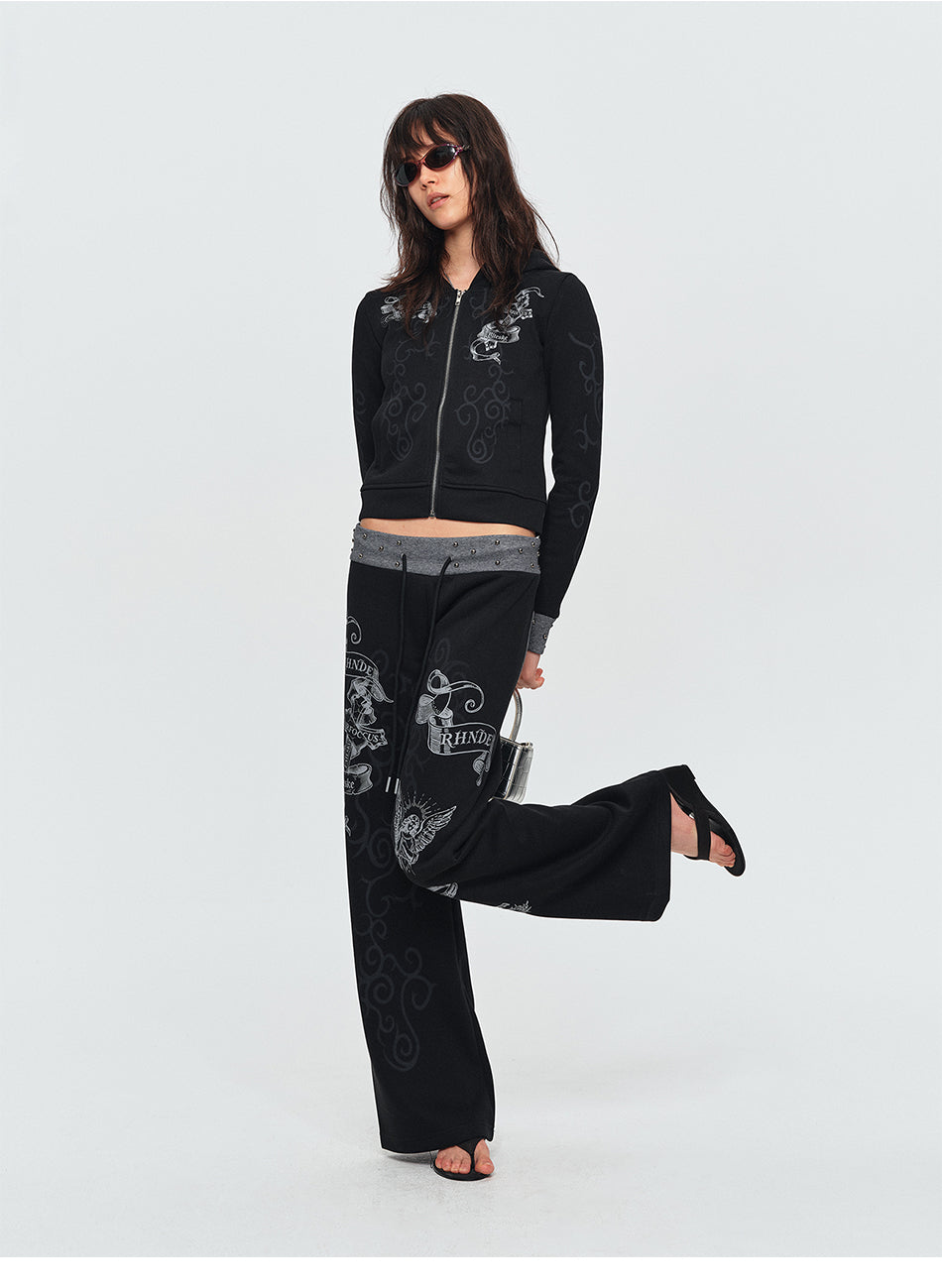 MADWITCH STUDDED SCROLL-PRINT HOODIE CARDIGAN #L2026544