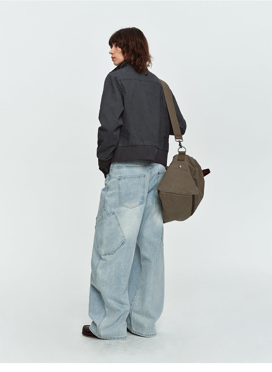 MADWITCH WASHED DISTRESSED MULTI-POCKET STAND-COLLAR CROPPED UTILITY JACKET #N606