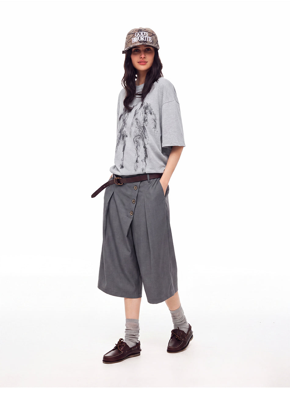 MADWITCH ASYMMETRIC BUTTONED WIDE-LEG CAPRI PANTS #C1012