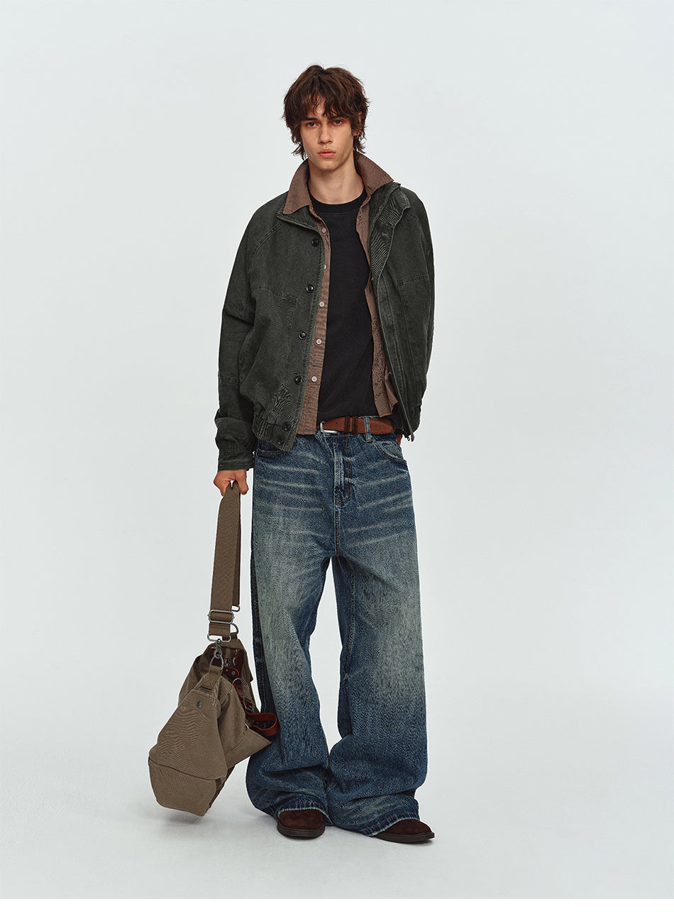 MADWITCH WASHED STAND-COLLAR RIBBED-HEM JACKET #AW26608