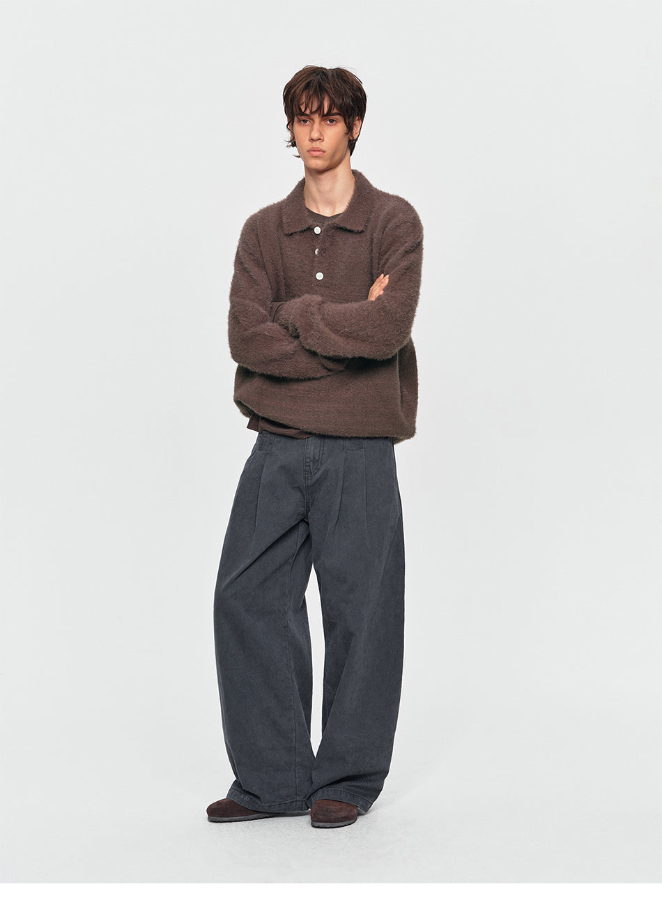 MADWITCH FAUX-MINK POLO KNIT SWEATER #RM34