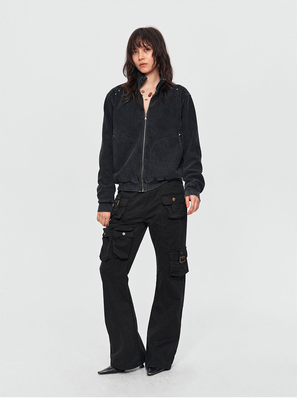 MADWITCH STUDDED WASHED-TEXTURE STAND-COLLAR CROPPED JACKET #2606WT5098