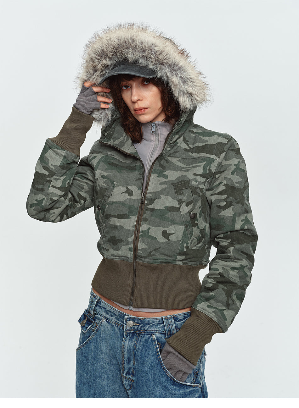 MADWITCH FAUX-FUR HOODED CINCHED CROPPED CAMO PUFFER #L2026539