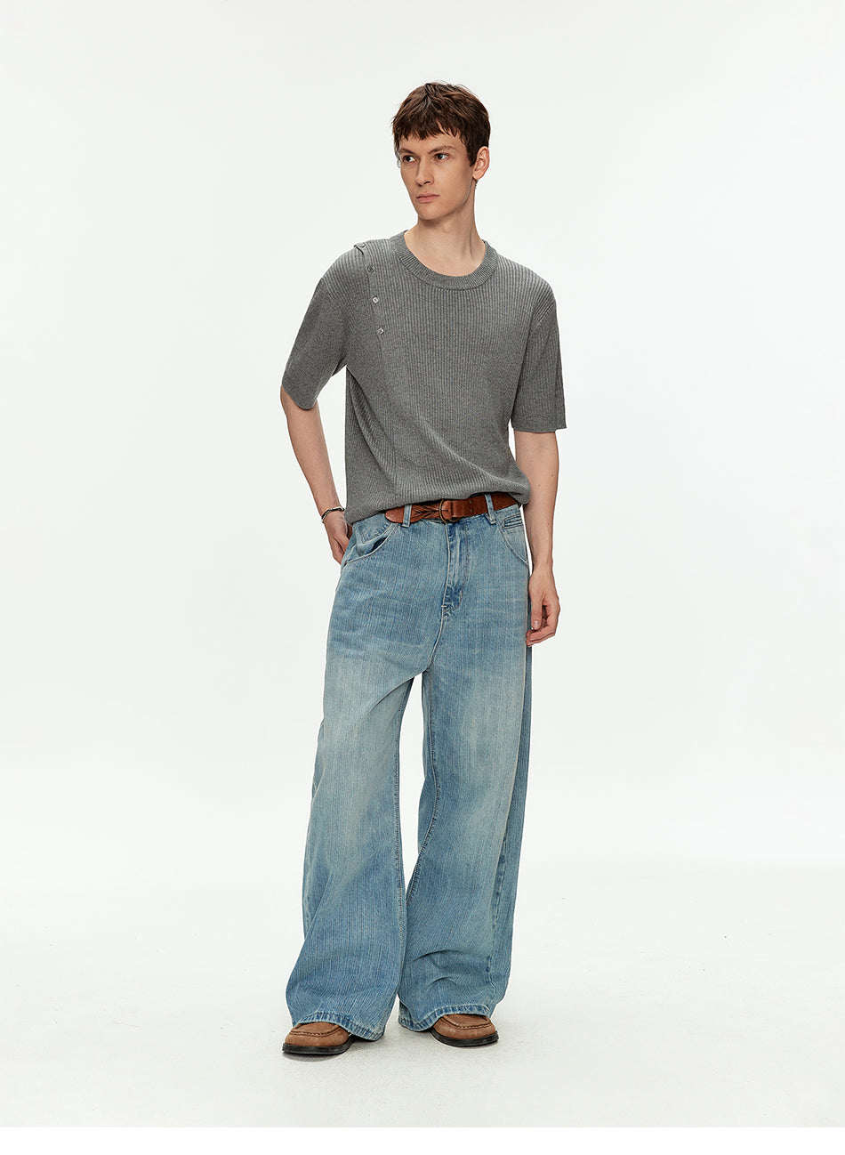 MADWITCH ASYMMETRIC BUTTON RIBBED KNIT TEE #MY26503