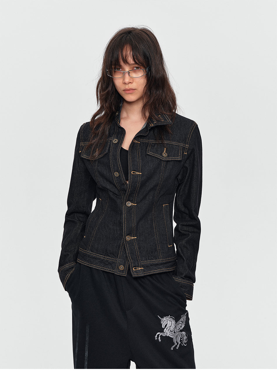 MADWITCH CONTRAST-STITCH CROPPED DENIM JACKET #Z1649