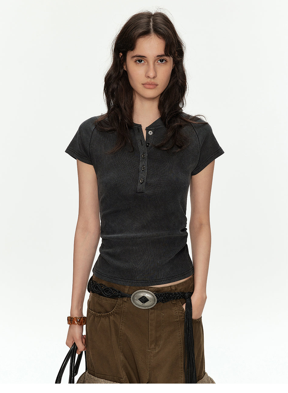 MADWITCH RIBBED HENLEY CROP TEE #G2160
