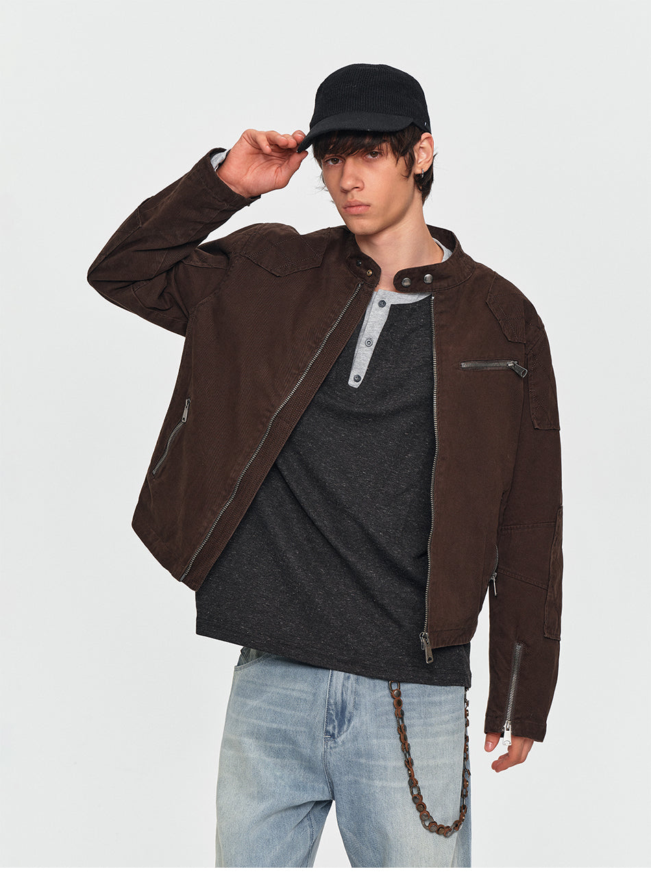 MADWITCH QUILTED WASHED MULTI-ZIP CROPPED MOTO JACKET #IN068