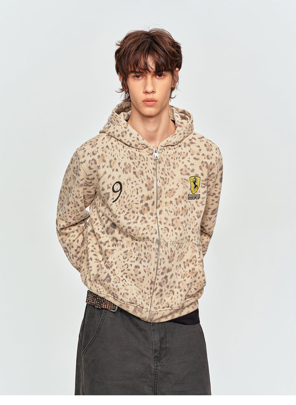 MADWITCH LEOPARD-PRINT EMBROIDERED CROPPED ZIP HOODIE #2604WY7021