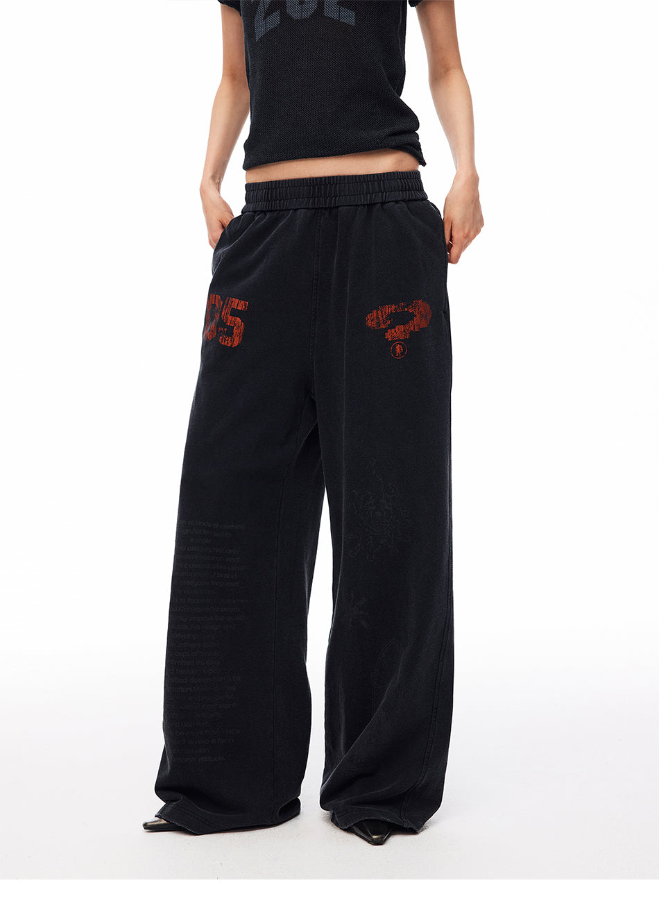 MADWITCH WASHED DISTRESSED PRINTED WIDE-LEG SWEATPANTS #CK61069