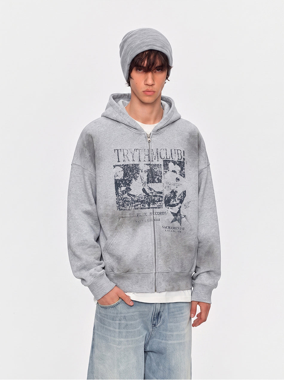 MADWITCH RECORD-PRINT WASHED ZIP HOODIE #27560