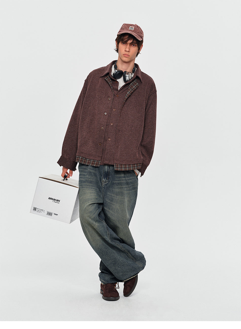 MADWITCH LAYERED PLAID-COLLAR BUTTONED SWEATSHIRT #880936
