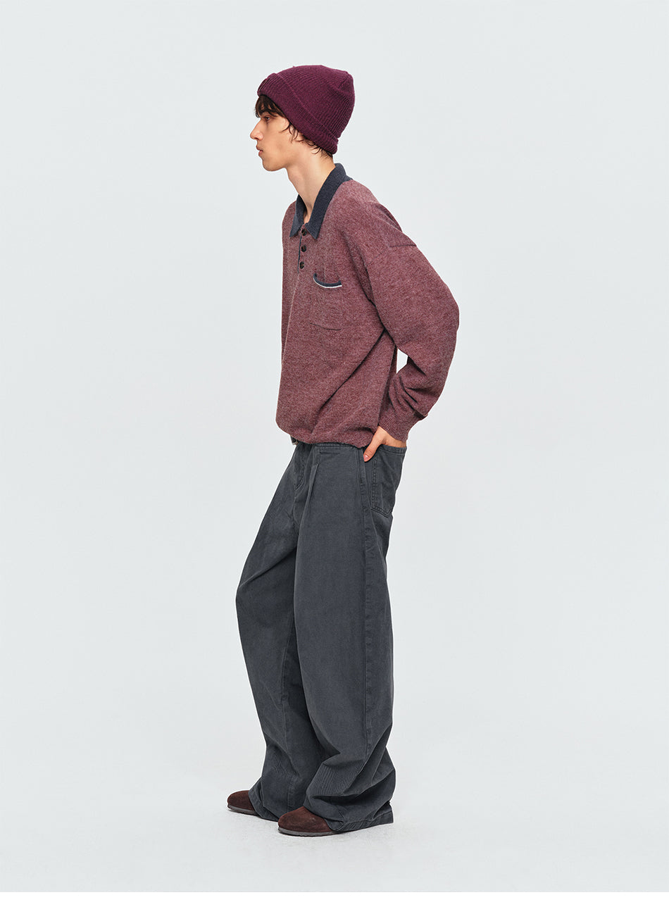 MADWITCH MARLED CONTRAST-COLLAR POLO SWEATER #AW26823