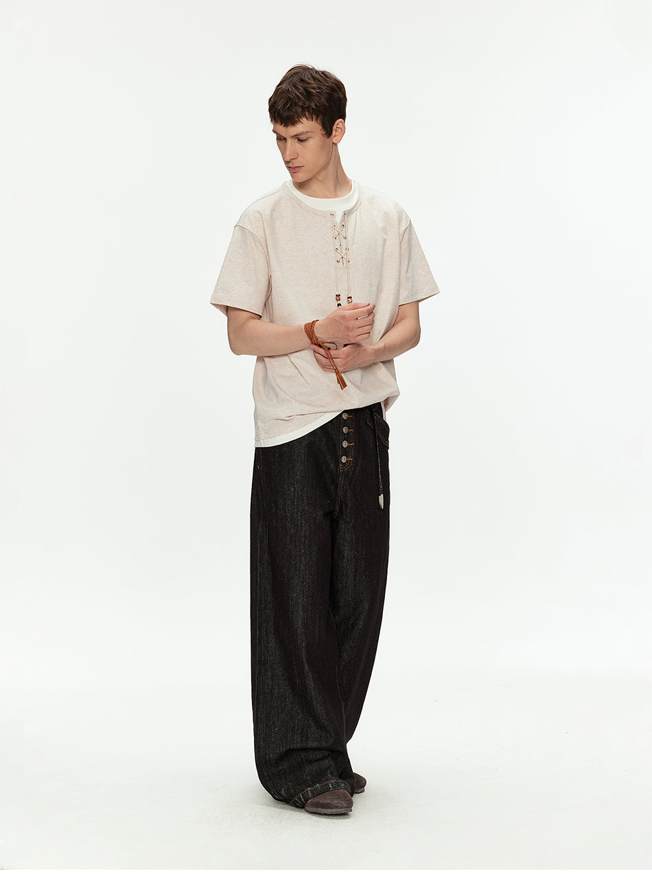 MADWITCH HENLEY NECK BEADED T SHIRT #991262