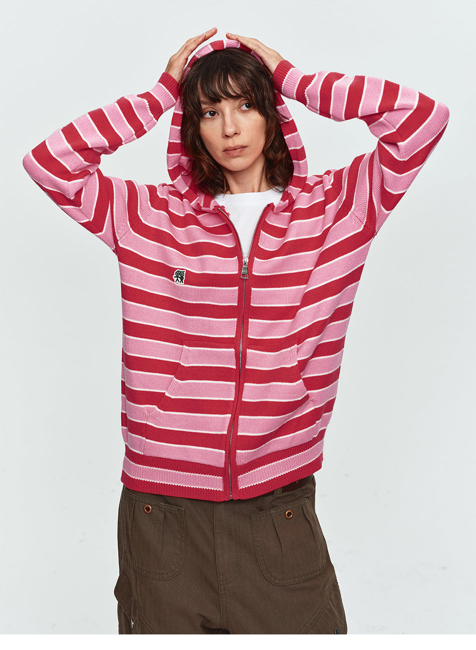 MADWITCH STRIPED EMBROIDERED ZIP HOODED CARDIGAN #L2026746