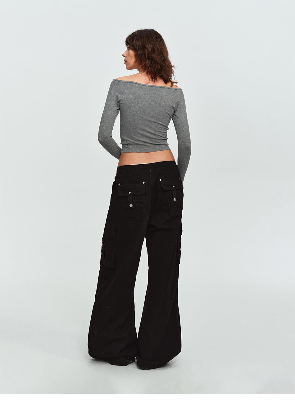 MADWITCH OFF-SHOULDER RIBBED CROPPED LONG-SLEEVE TOP #2026105