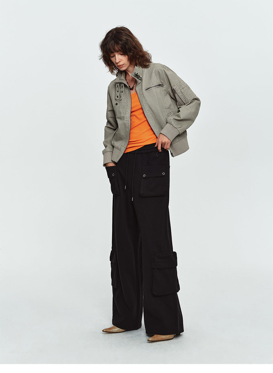 MADWITCH BUCKLED-COLLAR MULTI-POCKET WASHED CROPPED JACKET #N607