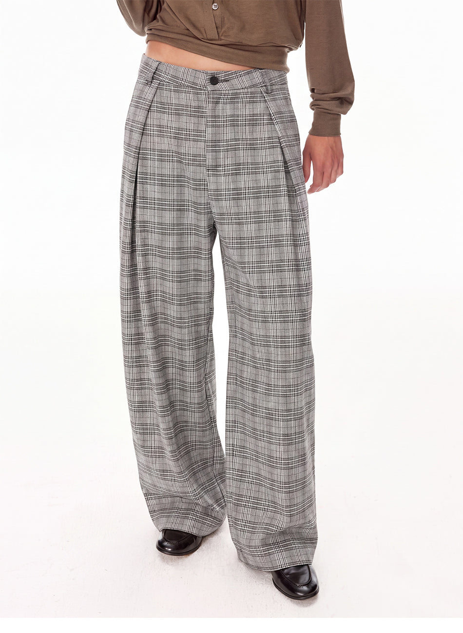 MADWITCH VINTAGE PLAID PLEATED WIDE-LEG TROUSERS #N2198