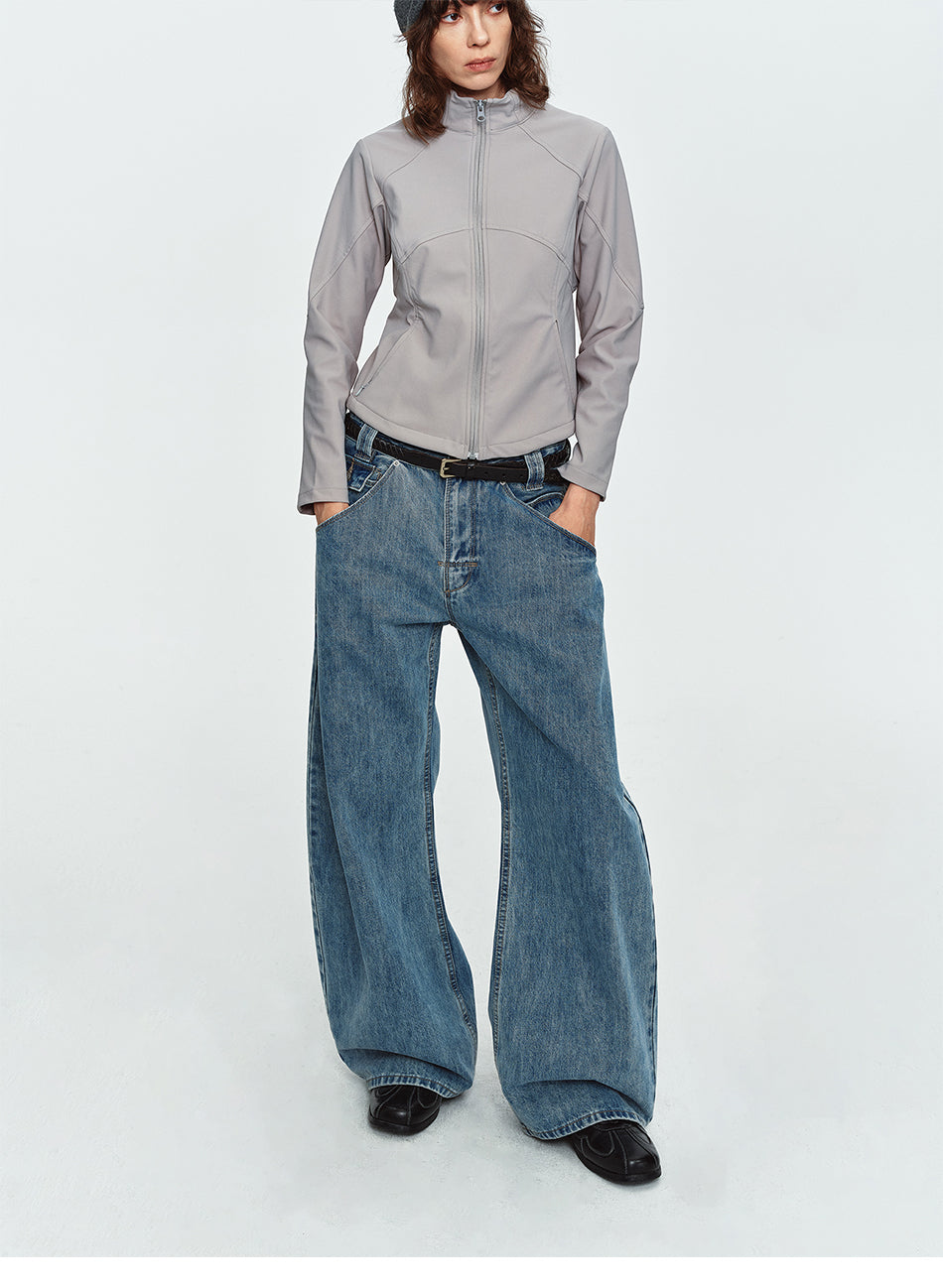 MADWITCH CINCH-BACK LIGHT-WASH CURVED-LEG JEANS #G60081
