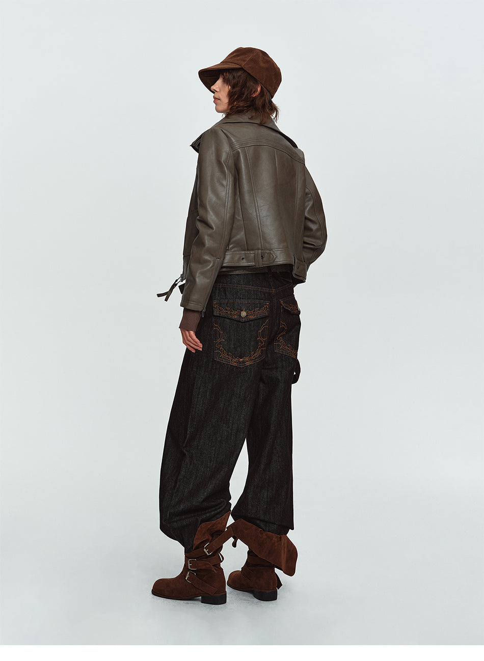MADWITCH ASYMMETRIC-ZIP HIGH-COLLAR CROPPED FAUX-LEATHER BIKER JACKET #L2026611