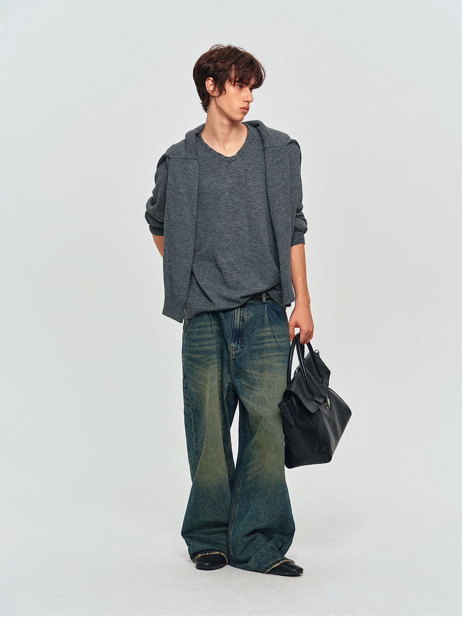 MADWITCH SLOUCHY ROLLED-EDGE V-NECK SWEATER #AW26831