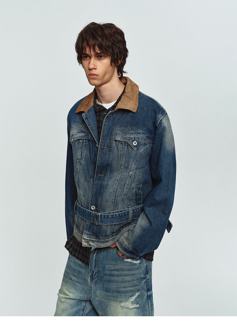 MADWITCH CONTRAST-COLLAR WASHED DISTRESSED DENIM JACKET #Z1650
