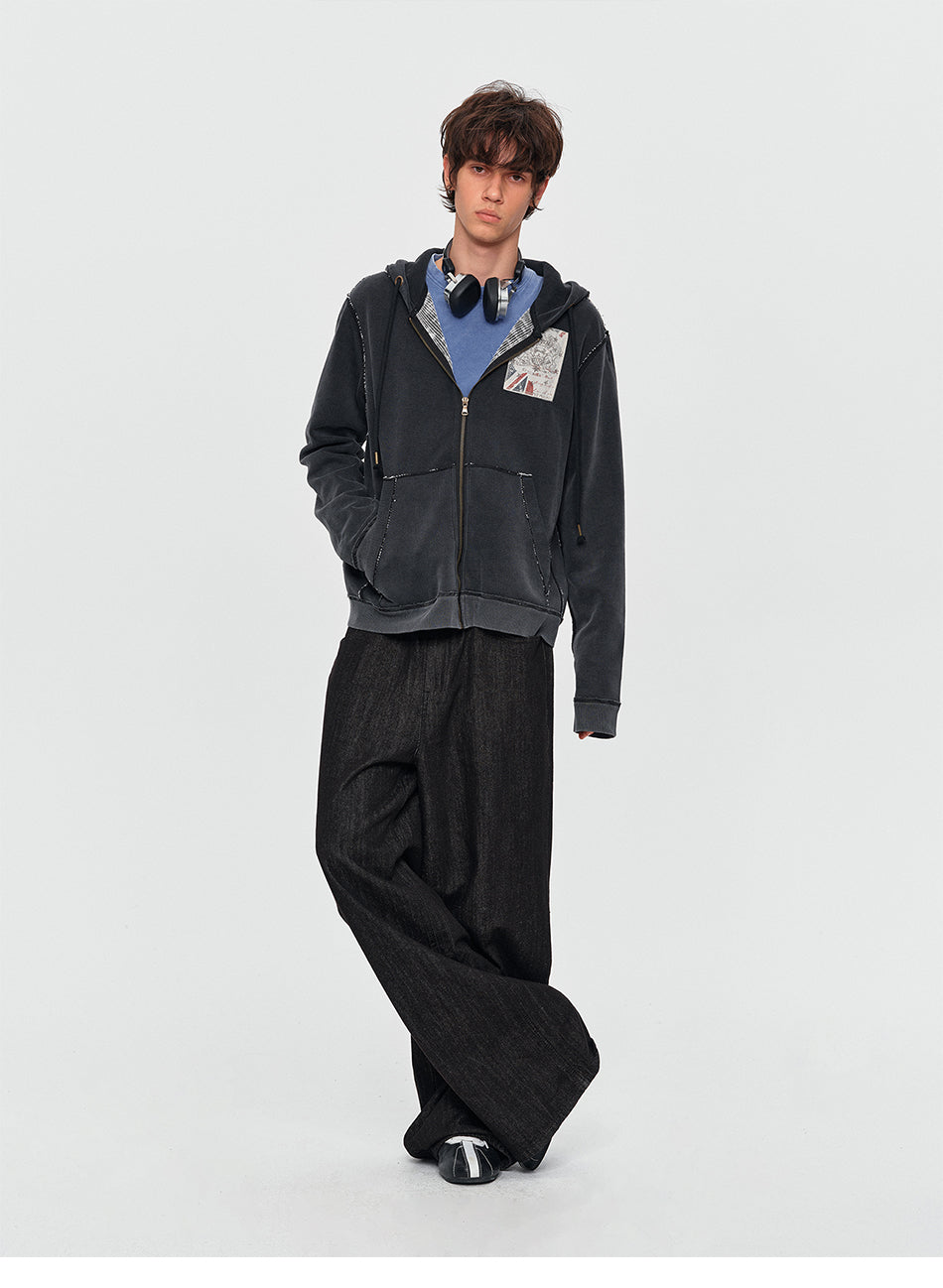 MADWITCH WASHED GRAPHIC-PATCH CROPPED ZIP HOODIE #2606WT5096